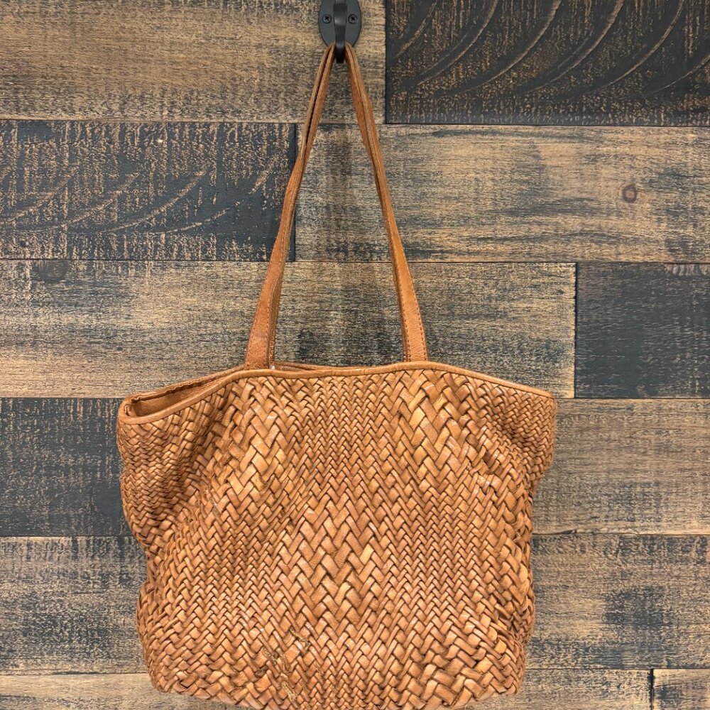 Woven Leather Tote Bag - Tan